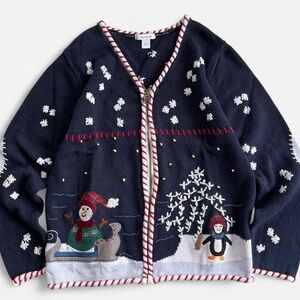Dress Barn Navy Blue Knit Christmas Holiday Snowman Penguin Embroidered Cardigan